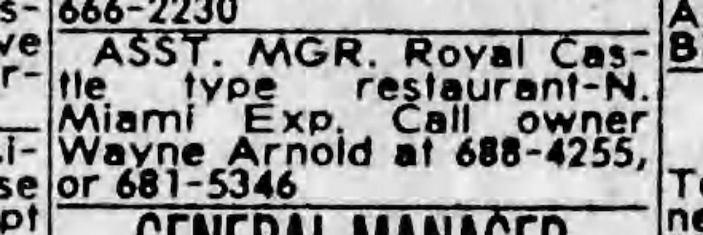 Arnold's Royal Castle Ad in the Miami Herald 8-28-82