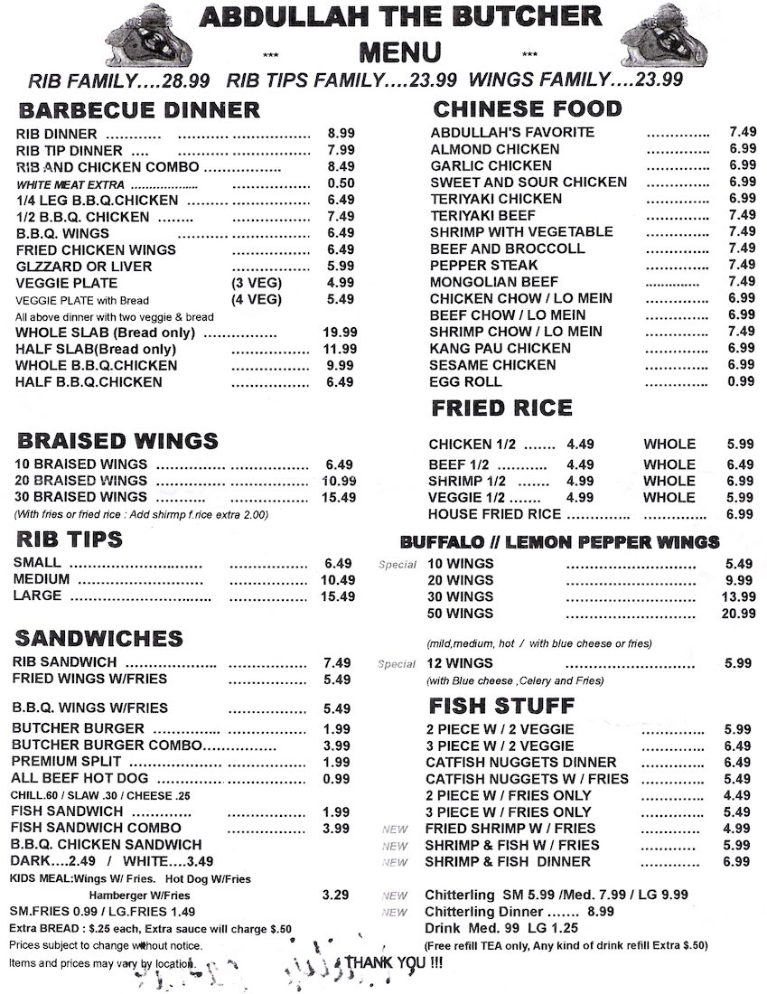 Abdullah the Butcher House of Ribs & Chinese Food Menu Back