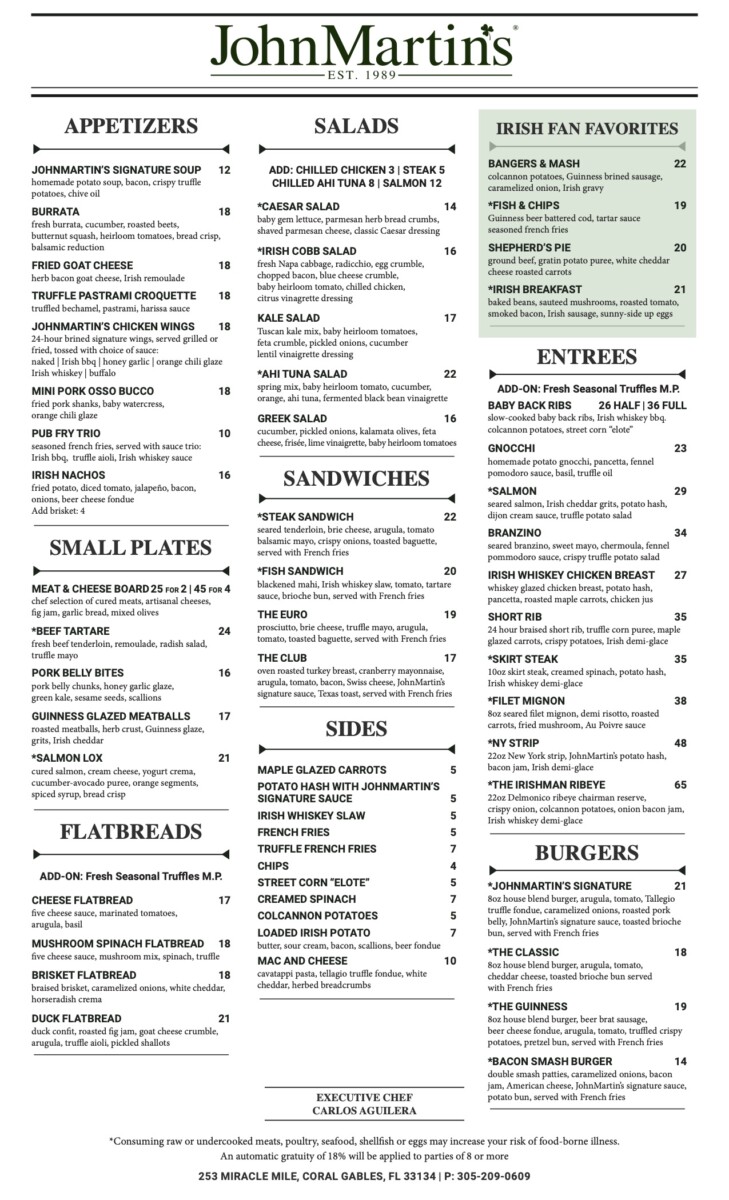 John Martin's Irish Pub Lunch Menu