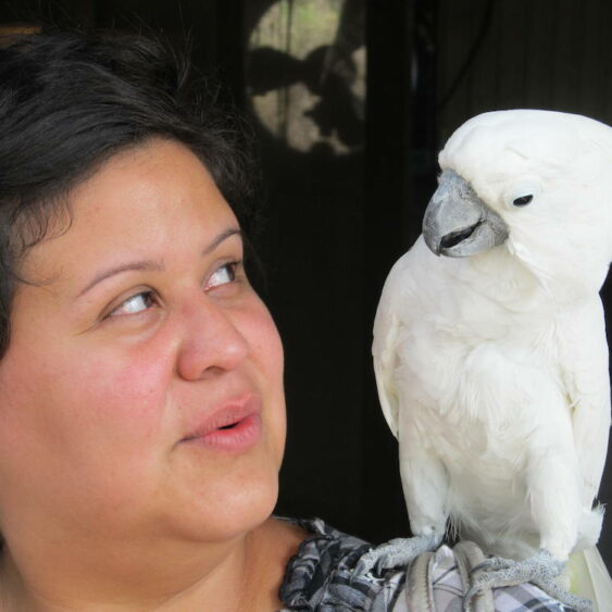 Marcela meets Bird at Skunk Ape Headquarters in Ochopee, Florida