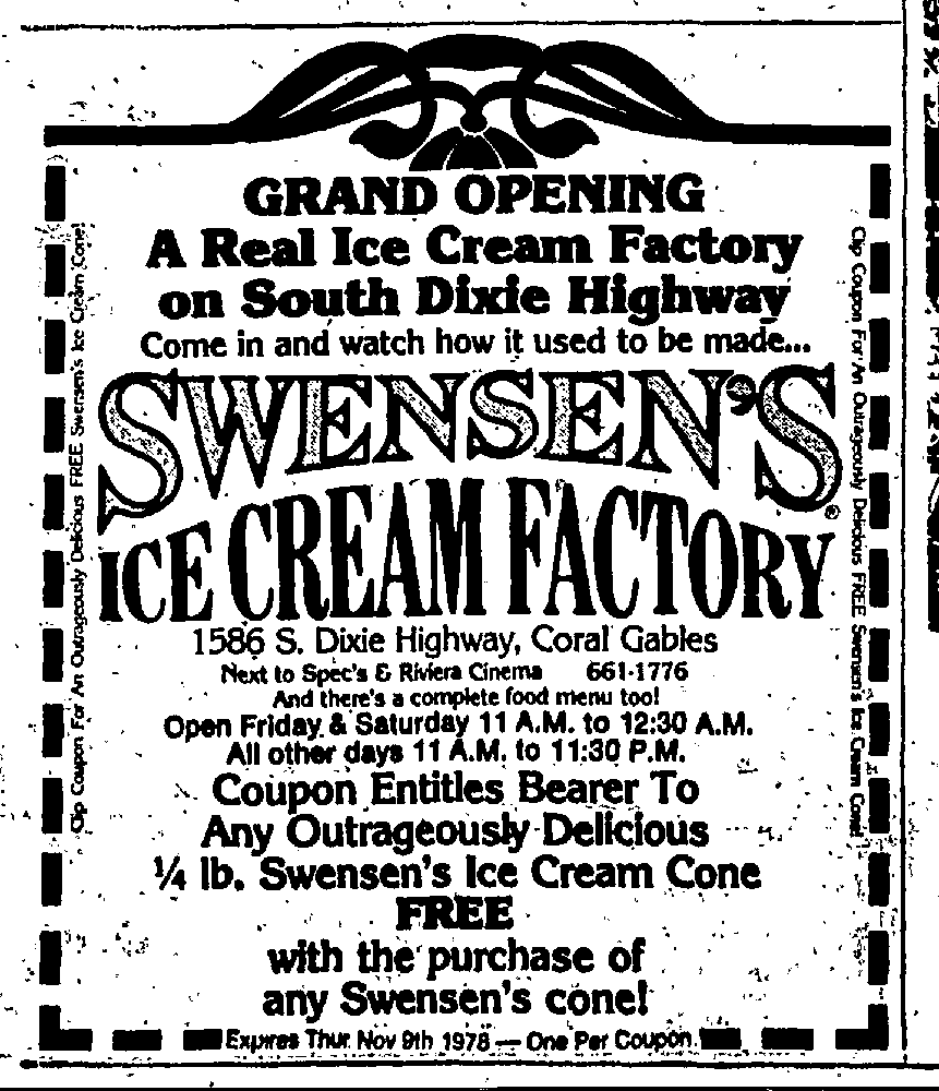 Swensen's Grand Opening in the Miami Herald November 5th, 1978