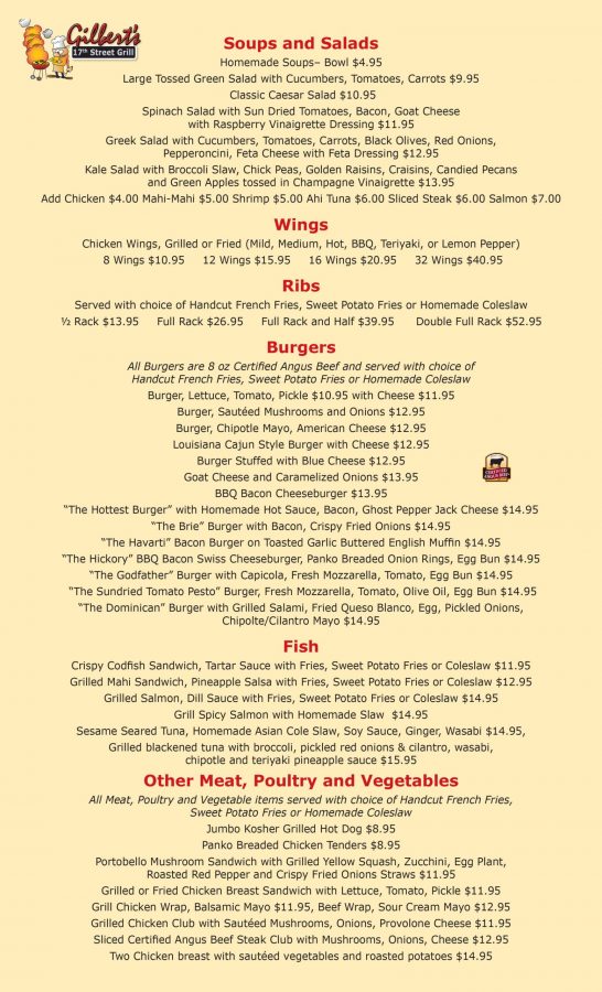 Gilbert's 17th Street Grill Menu Page Front in Fort Lauderdale, Florida
