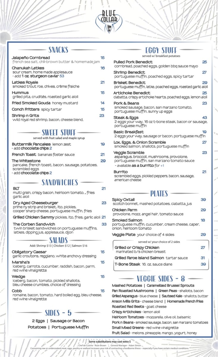 Blue Collar Brunch Menu