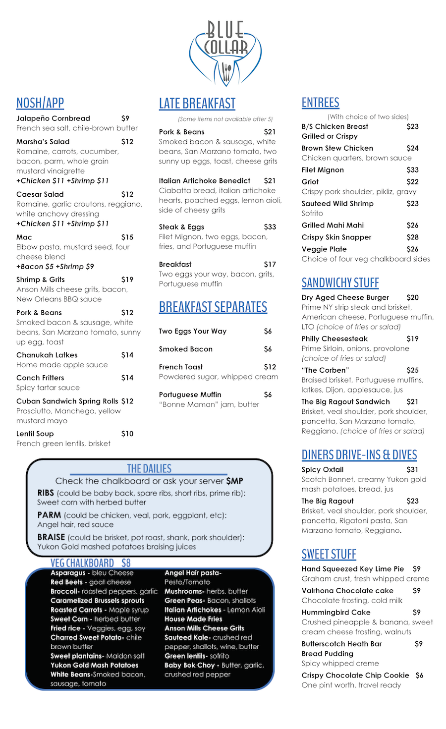 Daily Menu from Blue Collar in Miami, Florida