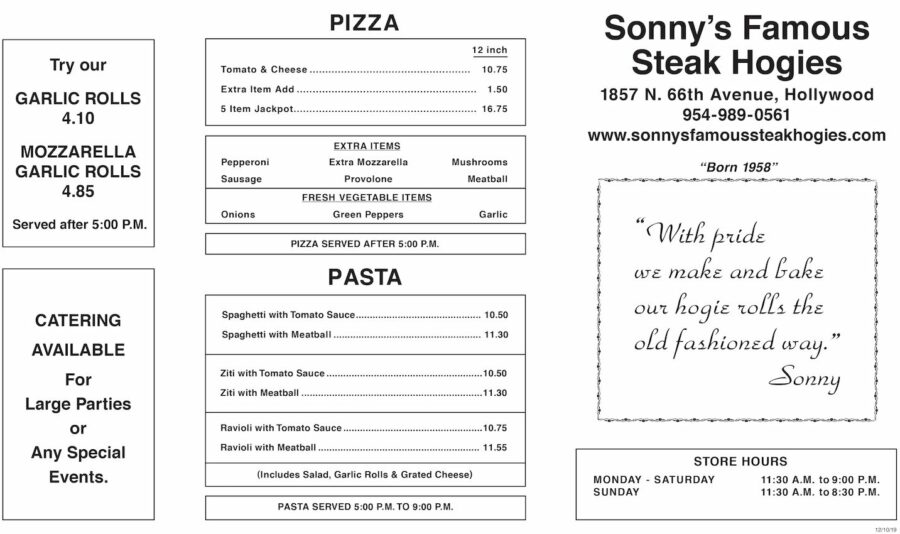 Sonny's Famous Steak Hogies Printed Menu Page 1