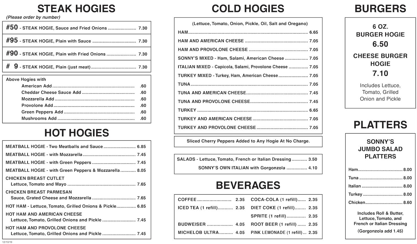 Sonny's Steak Hogies Printed Menu Page 2