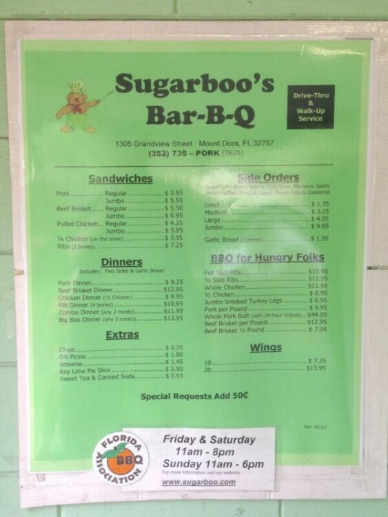 Menu from Sugarboo Bar-B-Q in Mount Dora, Florida