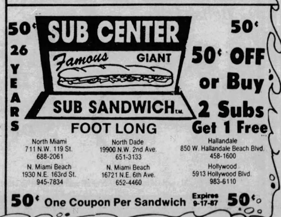 Sub Center ad in the Miami Herald from August 8th, 1987