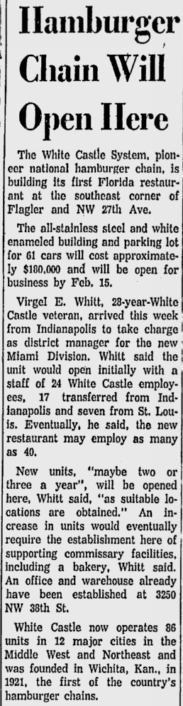 Miami News Article 11-12-1958 about White Castle in Miami