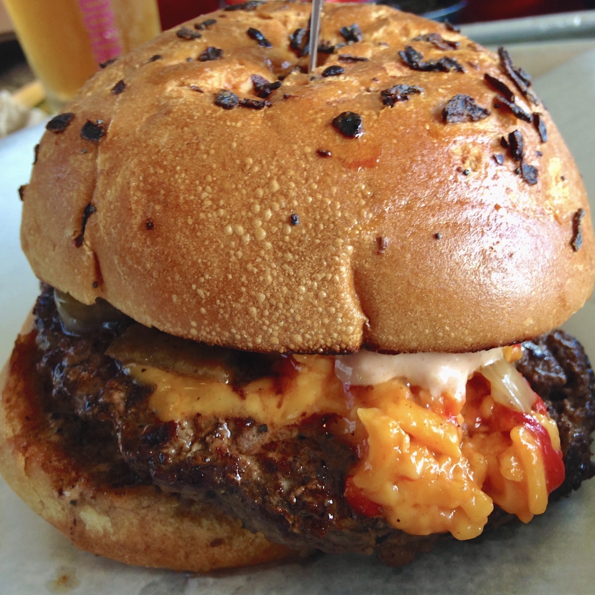 Charlie White Burger (Pimento Cheese, Caramelized Onions) from Tucker Duke's in Deerfield Beach, Florida