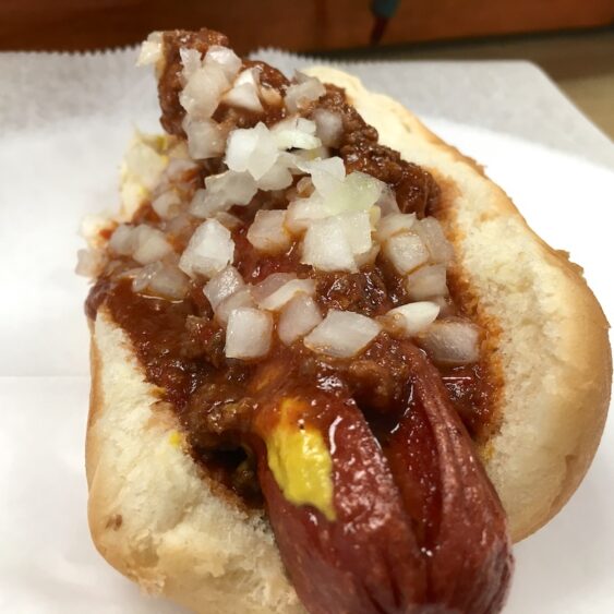 Arbetter All Beef Hot Dog with Chili, Onion & Yellow Mustard