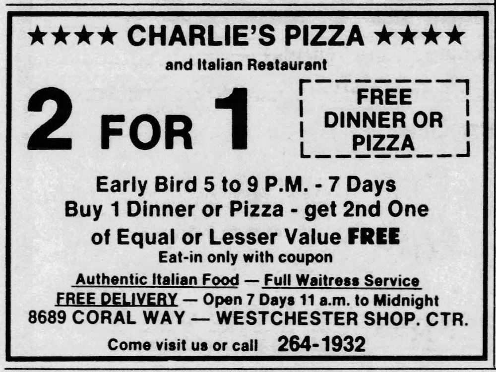 Charlie's Pizza ad from September 17, 1987