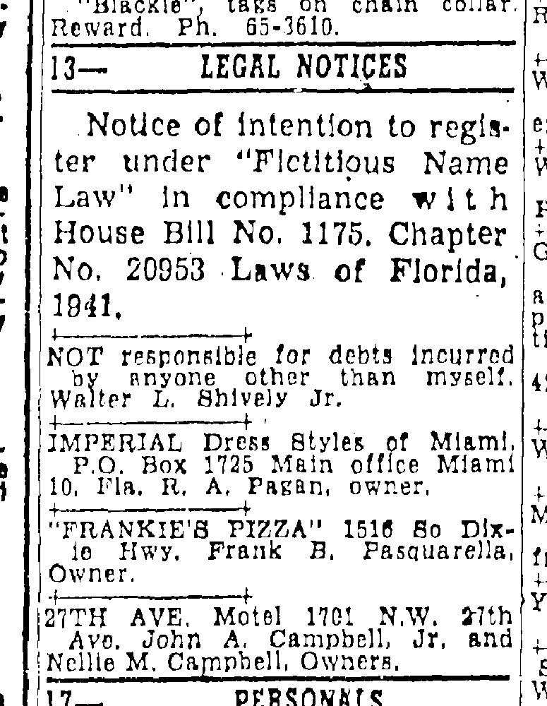 Frankie's Pizza in the Miami Herald April 6, 1955