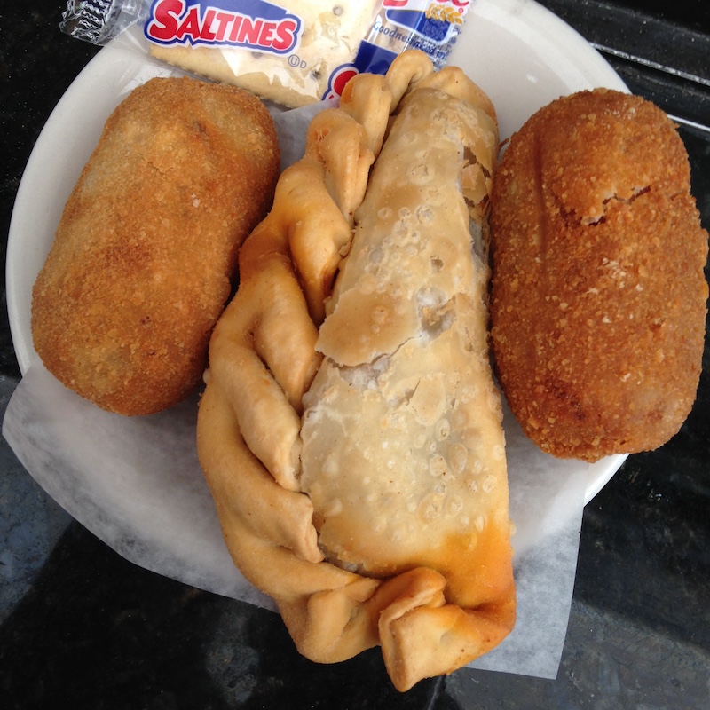 Two Croquetas and a Beef Empanada from Mario's Cuban Cuisine in Homestead, Florida