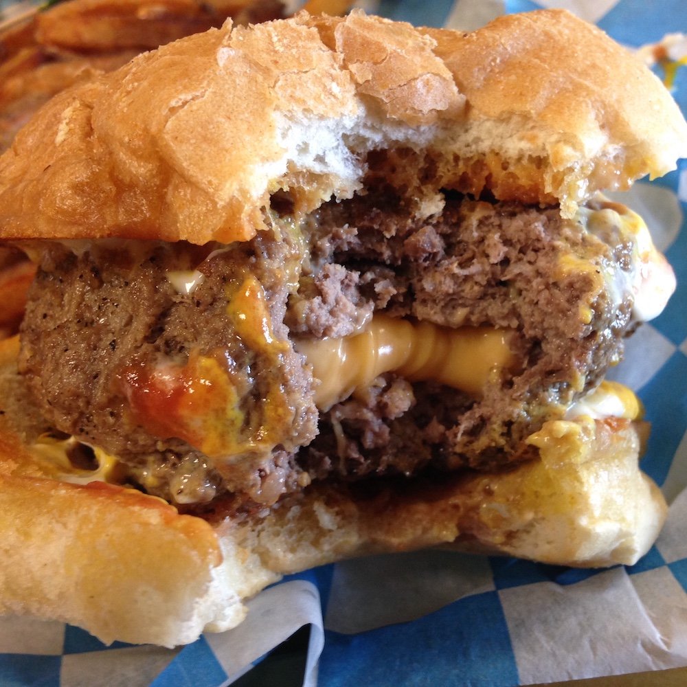 Larry, Curly, Burgers & Moe Juicy Lucy oozing cheese