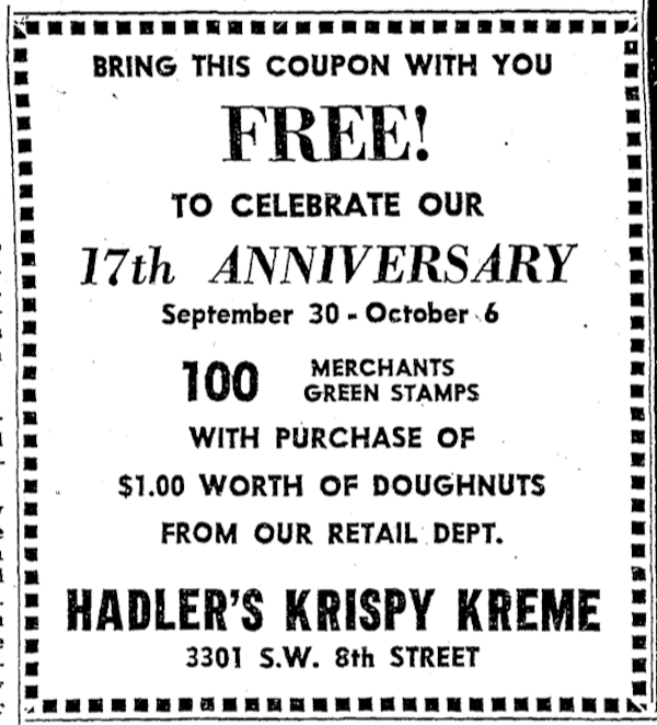 Hadler's Krispy Kreme Ad - September 29th, 1963