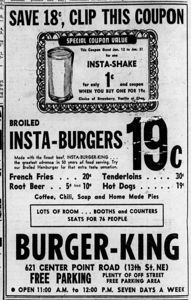 Burger King ad in The Gazette (Cedar Rapids, Iowa) 1-13-56