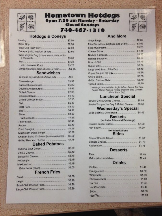 Lunch Menu from Hometown Hot Dogs in Millersport, Ohio