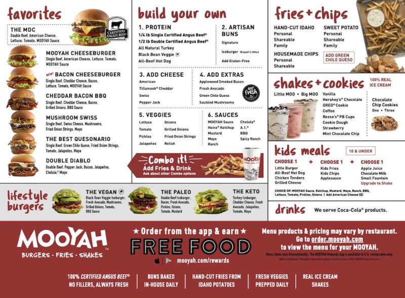 MOOYAH Current Menu as of August 2023