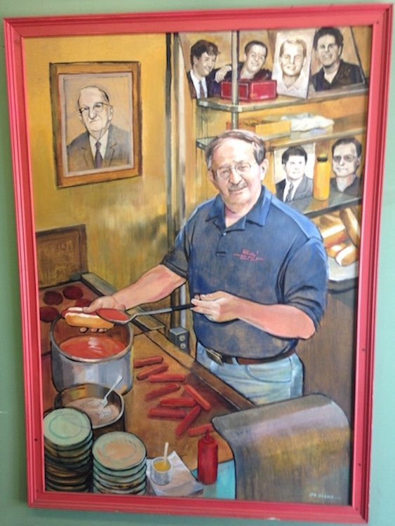 Painting of founder from Chris' Hot Dogs