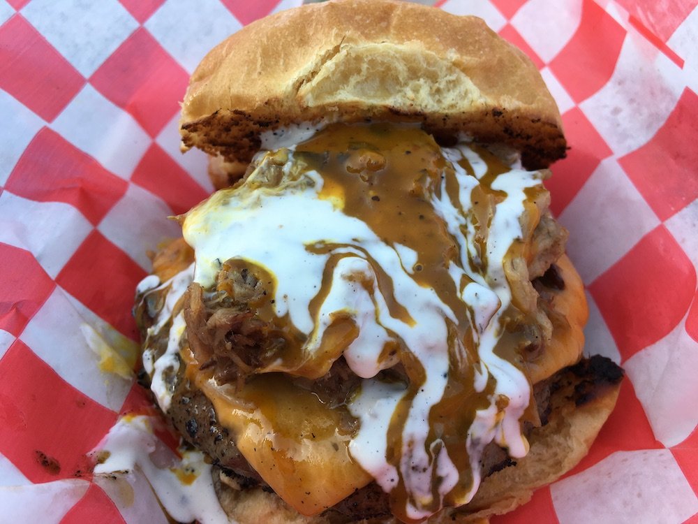 Adam's Filling Station Respect Mobile Burger (Pulled Pork, Cheddar Cheese, Carolina BBQ Sauce)