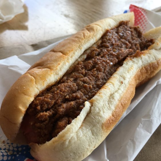Chili Dog on wax wrapper from Burgers and Shakes in Lexington, Kentucky