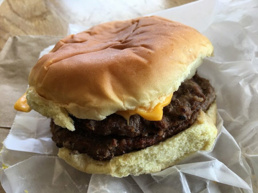 Double Cheeseburger on wax wrapper