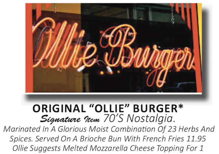 Ollie Burger description on Flashback Diner Menu