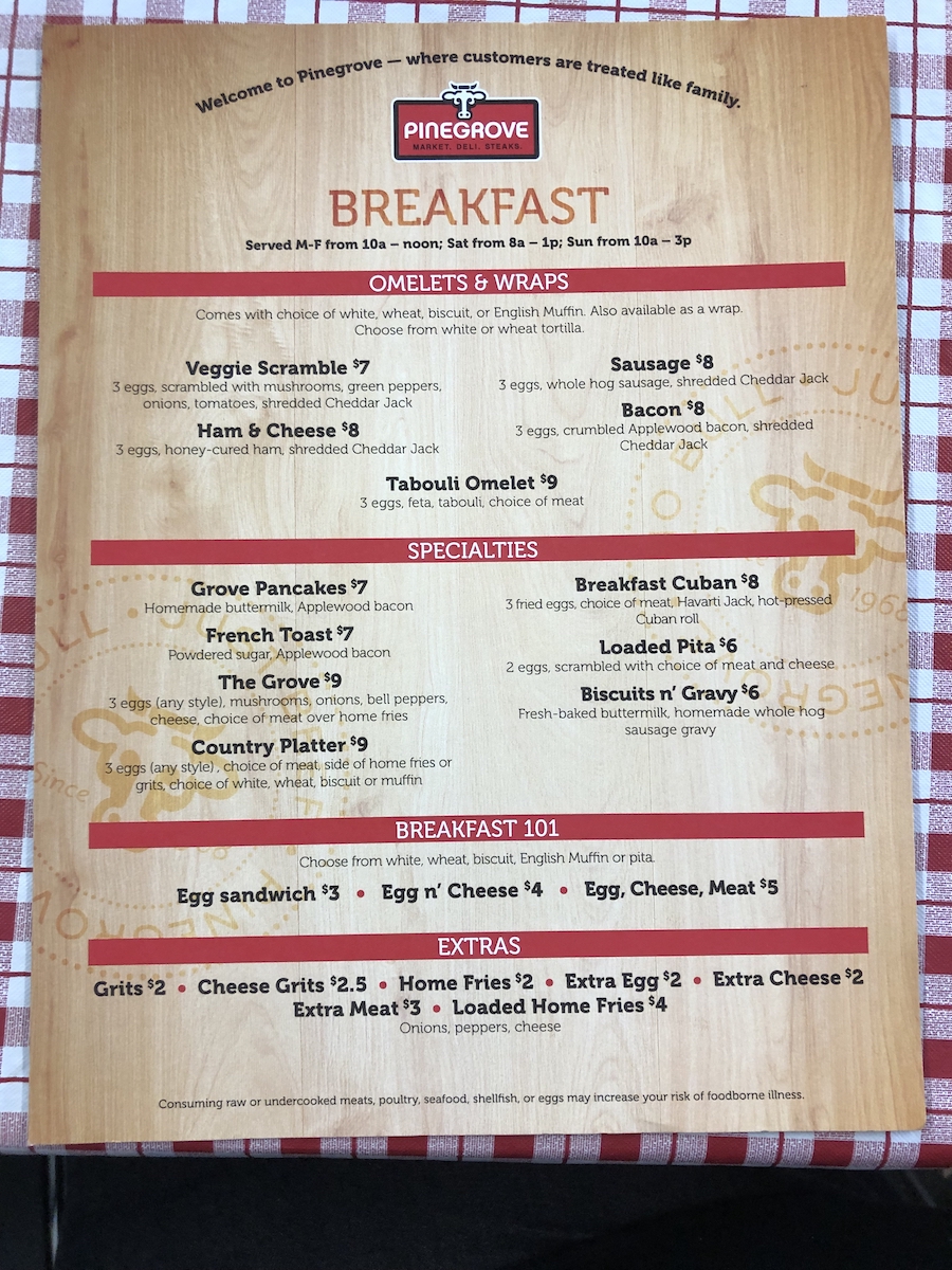 Breakfast Menu from Pinegrove Market and Deli in Jacksonville, Florida