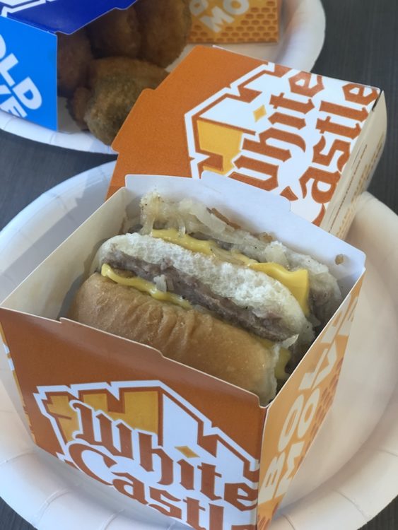White Castle Double Slider with Cheese, Pickle, Mustard & Onion