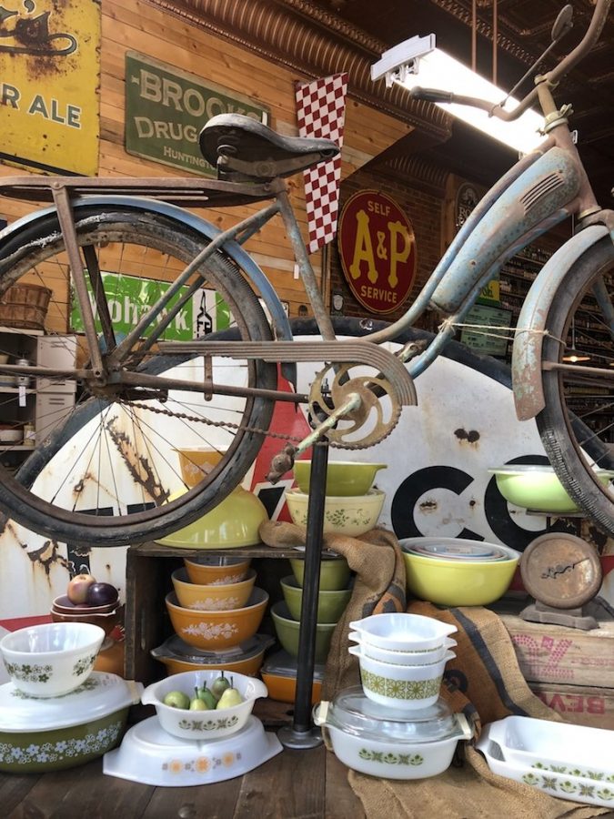 Another Bicycle with a Selection of Vintage Pyrex at ANTIQOLOGY in Huntington, Indiana