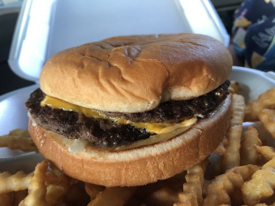 Double Cheeseburger with Crinkle Cut Fries from Dino's Drive-In in Winter Haven, Florida