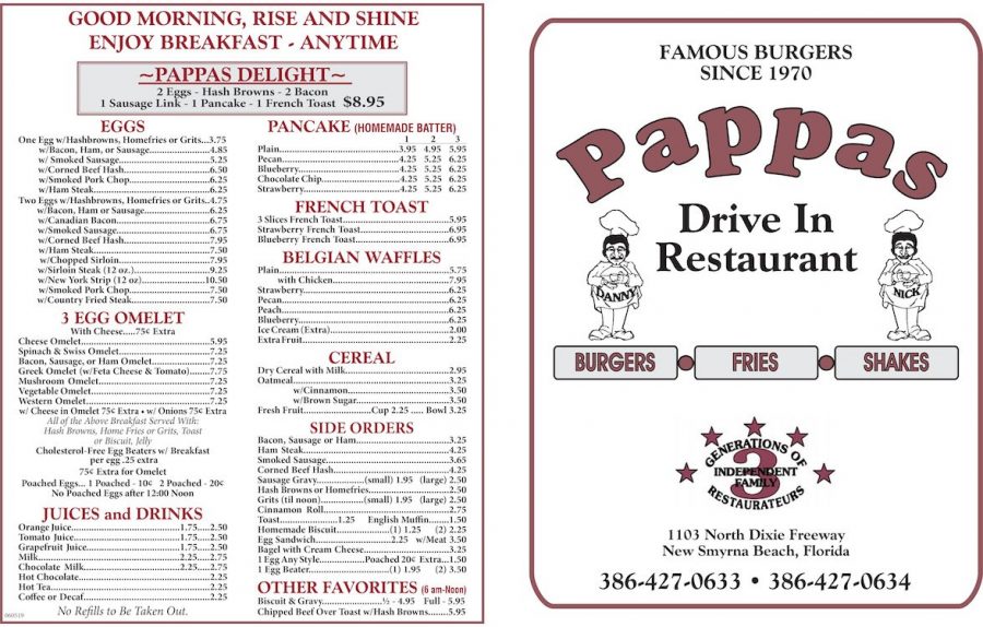 Pappas Drive-In Menu Front from New Smyrna Beach, Florida