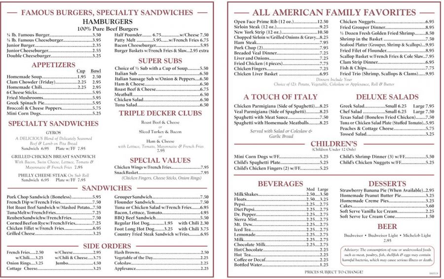 Pappas Drive-In Menu Back from New Smyrna Beach, Florida