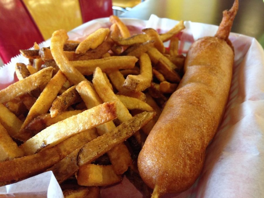 Hand-battered Corn Dog from Cori's Doghouse in Nashville, Tennessee& fresh cut fries