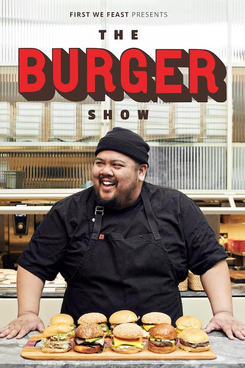 The Burger Show Poster with Alvin Cailin in front of a stack of burgers
