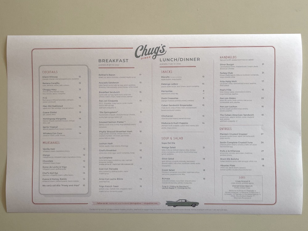 The Menu from Chug's Diner in Coconut Grove, Florida