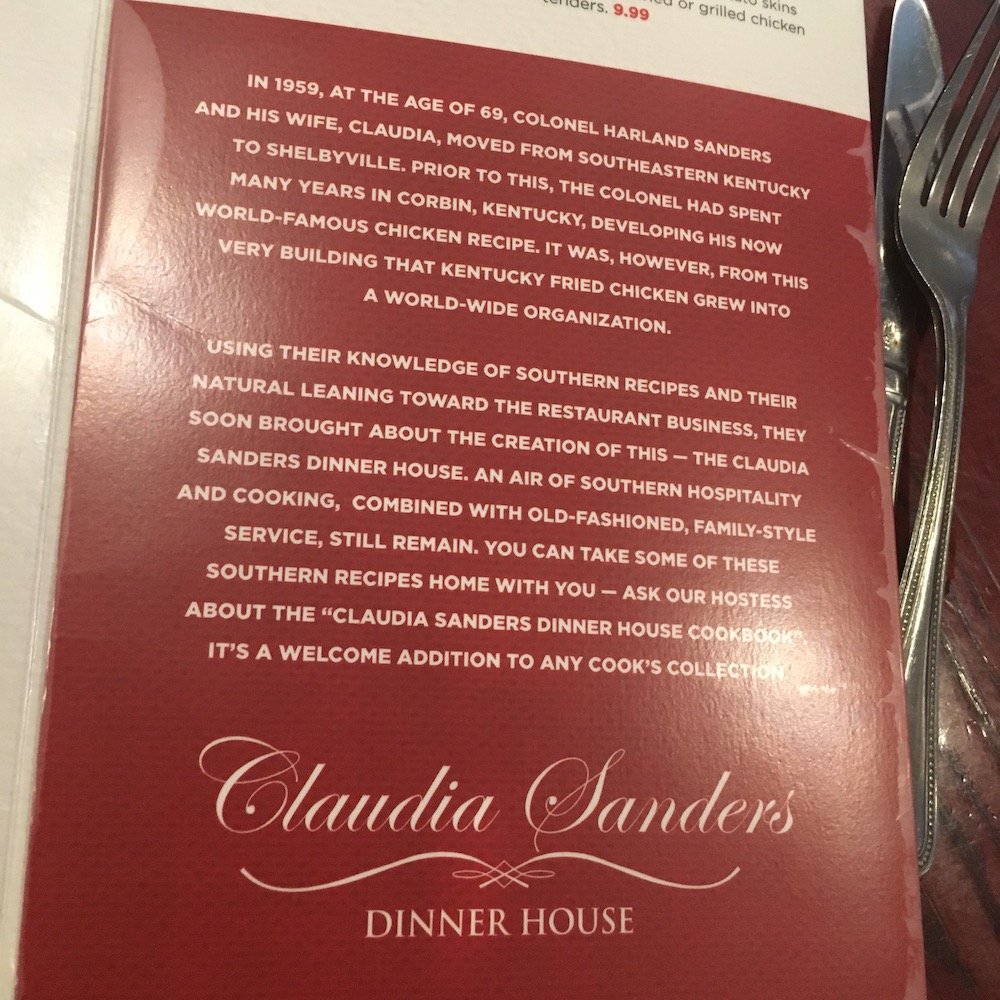 Claudia Sanders Dinner House Story on Menu Back