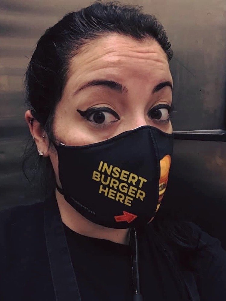 @DreamboatNannie looking sharp wearing the Insert Burger Here mask from the BEAST Box