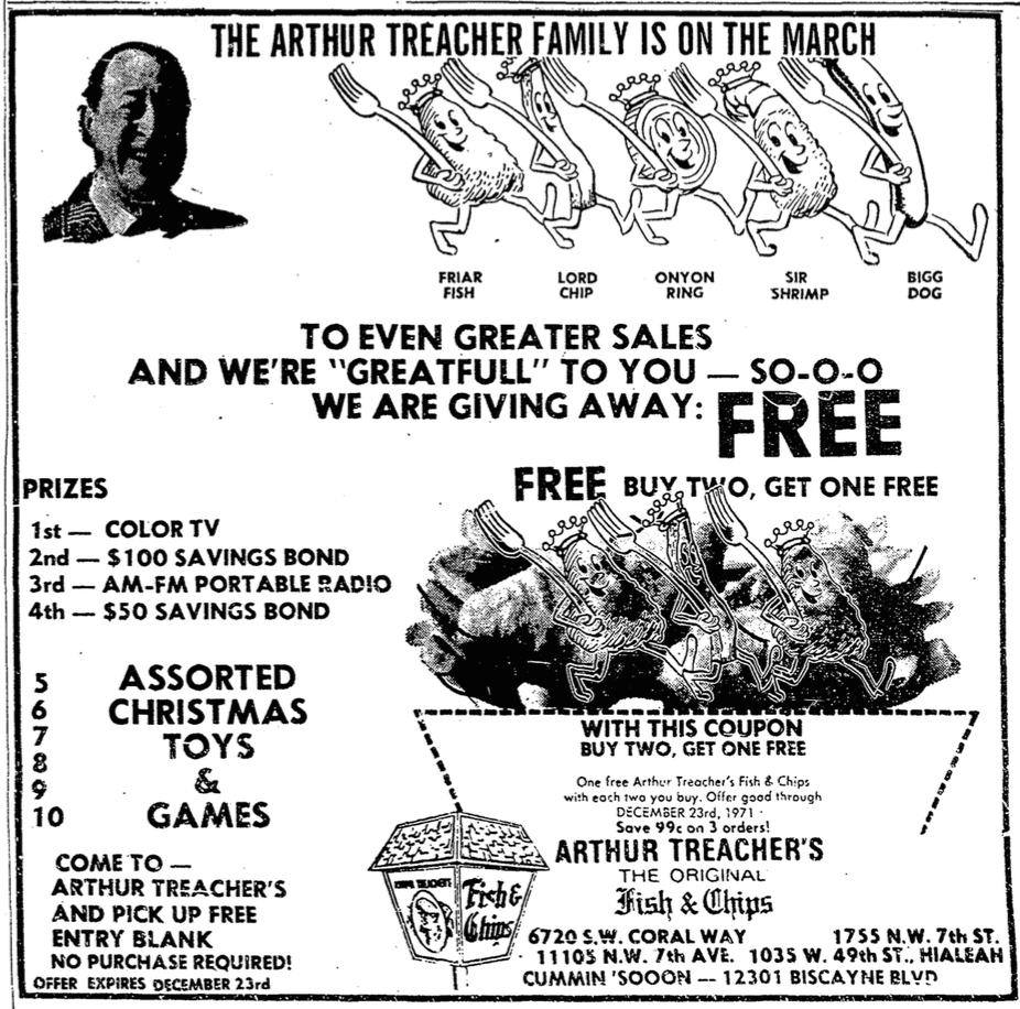 Arthur Treacher's ad in the Miami Herald November 26, 1971