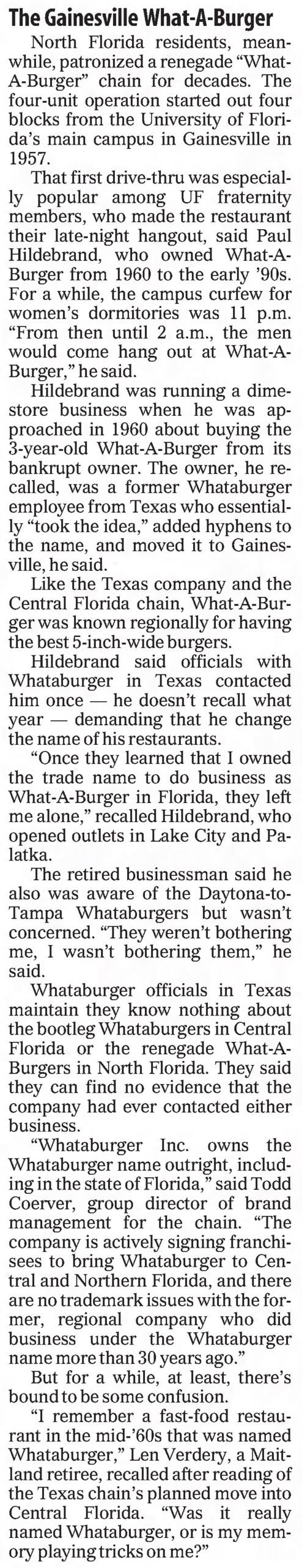 Gainesville What-A-Burger in The Orlando Sentinel June 28th, 2003