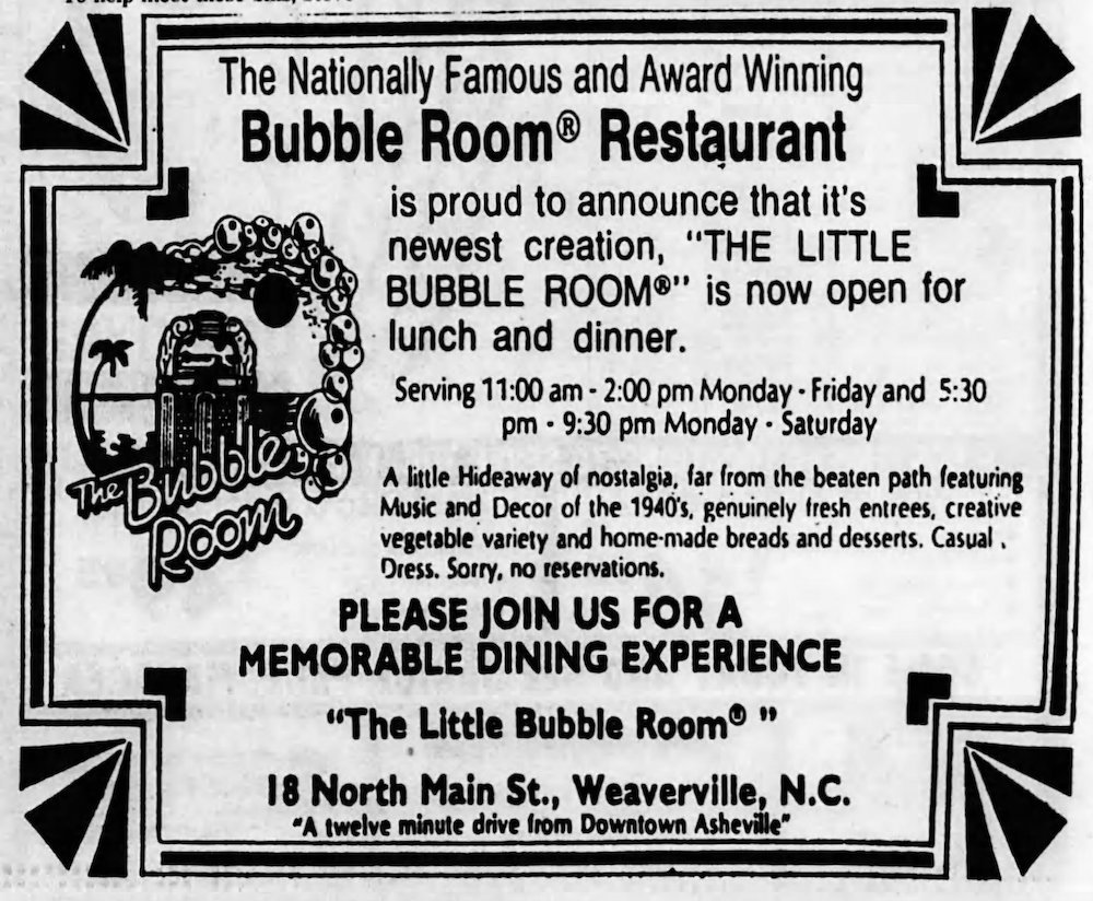 Bubble Room in the Asheville Citizen Times October 16th, 1985
