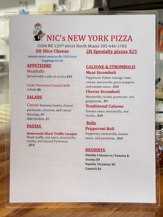 Nic's New York Pizza Menu in North Miami, Florida