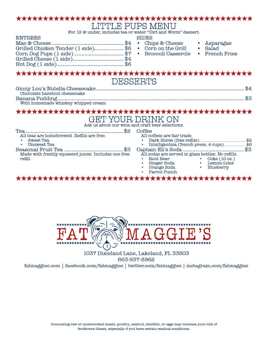 Back Menu Page from Fat Maggie's in Lakeland, Florida