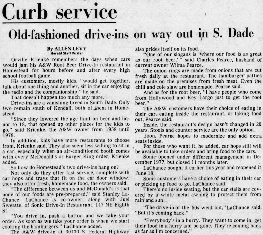 SONIC Drive-In in The Miami Herald -September 2, 1979