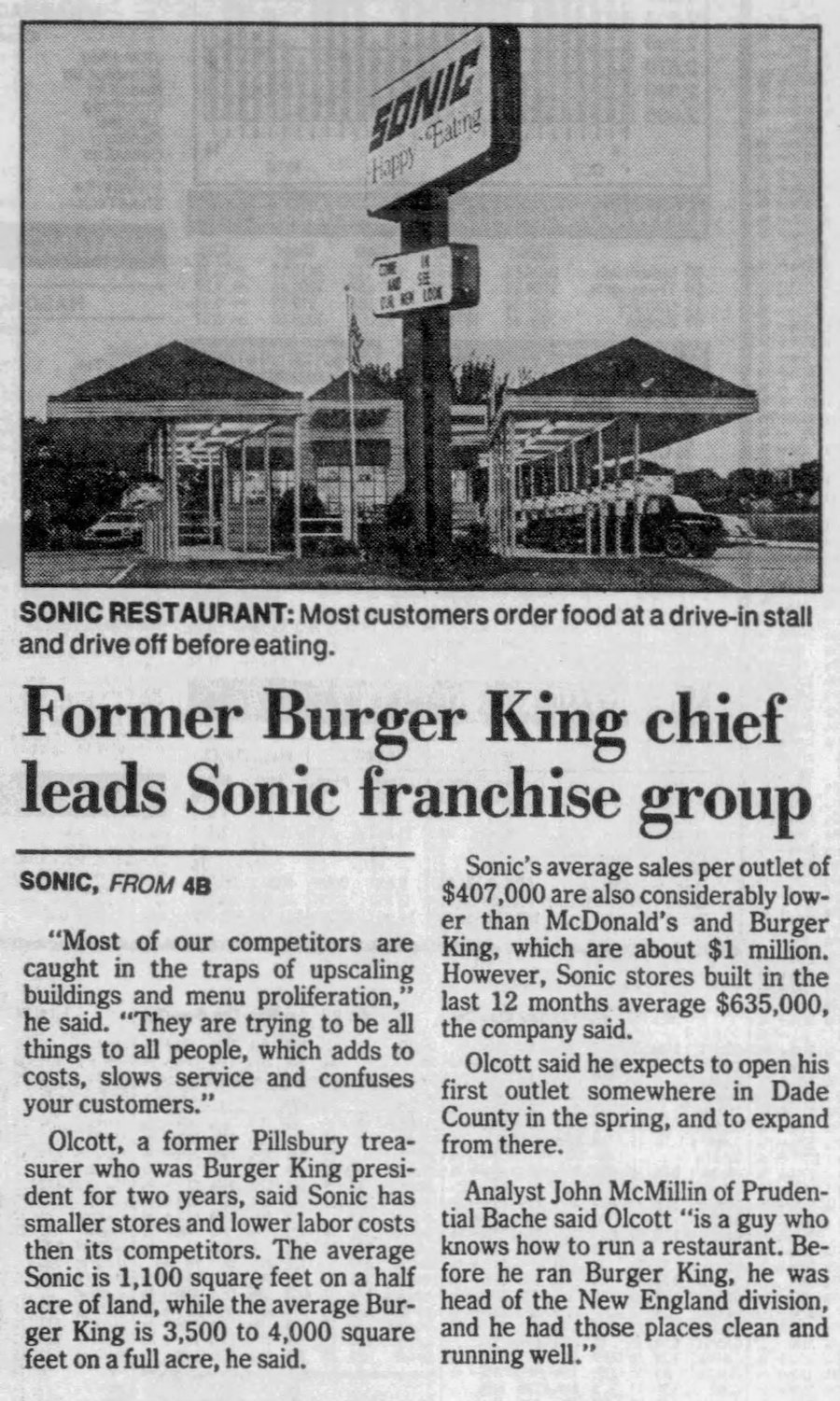 SONIC Drive-In in The Miami Herald -November 14th, 1989