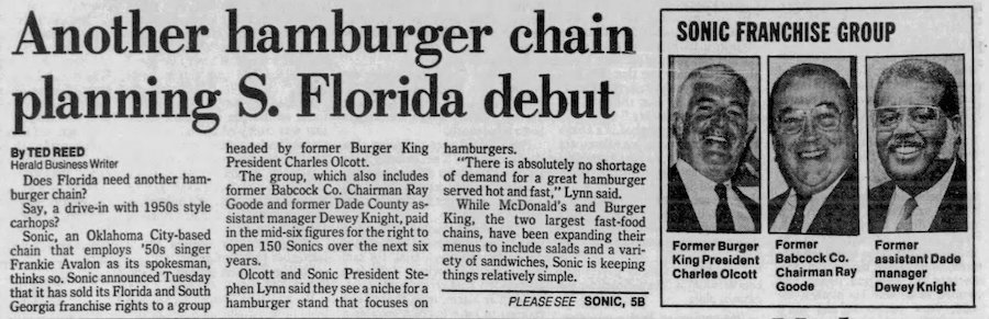 SONIC Drive-In in The Miami Herald -November 14, 1989