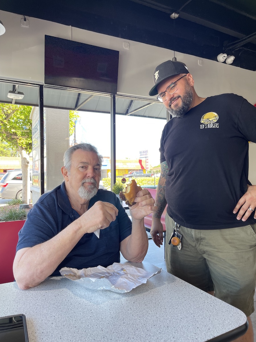 Pops testing the 1st burger with Ted at Mojo Donuts