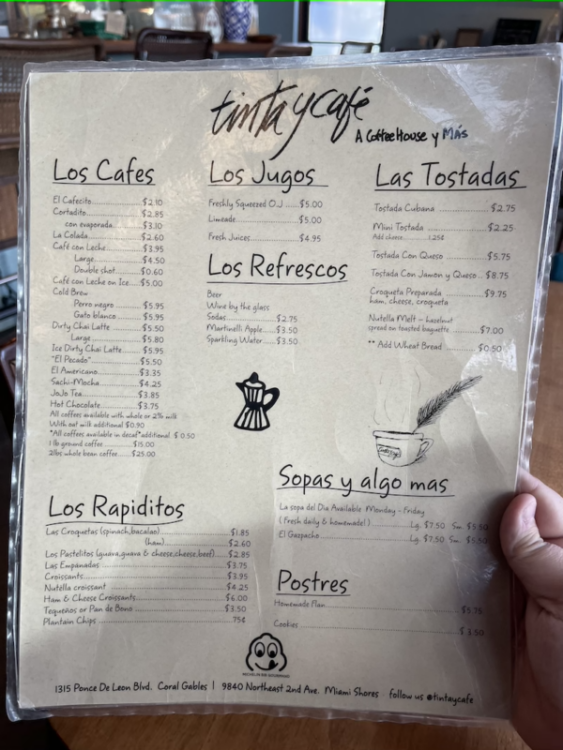 Breakfast Menu from Tinta y Cafe in Coral Gables, Florida