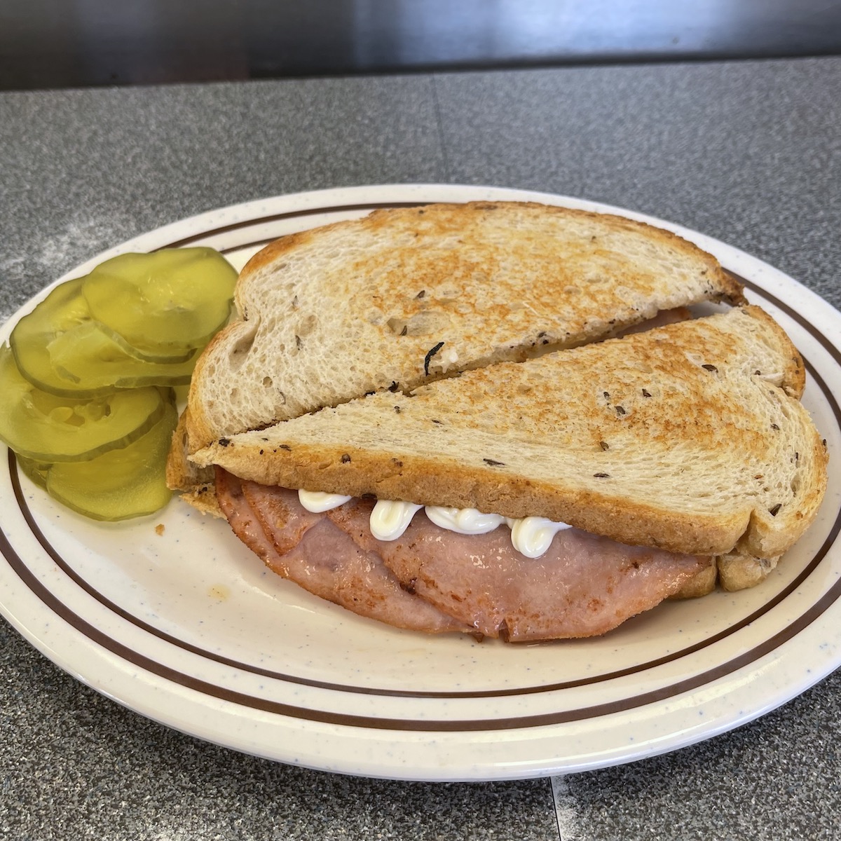 Hot Ham and Swiss Cheese on Rye from Gordon's Stoplight in Crystal City, Missouri
